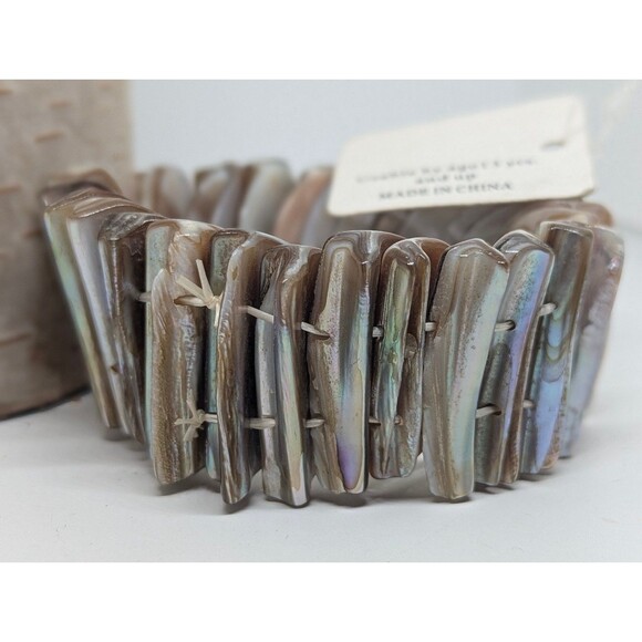 Mother Of Pearl Beige Brown Overlapping Half Circles Stretch Bracelet~New! - Picture 4 of 4